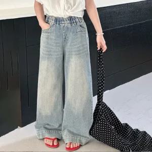 아동복 여아용 와이드 밴딩 청바지 데님통팬츠 초등학생 주니어 1576