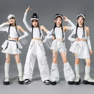 화이트 초등 방송댄스복 태슬 공연복 아동 걸스힙합 댄스 의상 치어리더 재즈