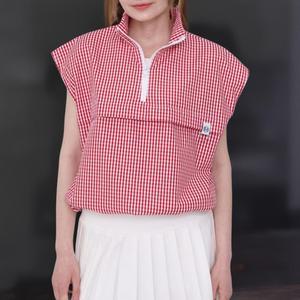 여성 바람막이 체크 캡소매 루즈핏 조끼