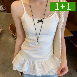 [1개+1개] 여성민소매티 레이스나시 여름 캡내장 프릴 레이어드 끈
