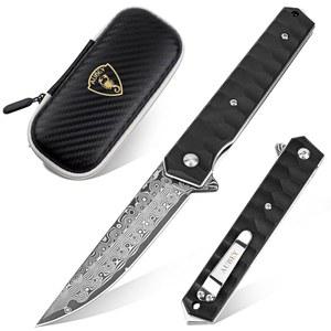 클립이 달린 AUBEY 다마스쿠스 포켓 나이프, 남성용 탄토 블레이드 다마스쿠스 스틸 접이식 나이프, EDC 캠핑용 유리 차단기가 달린 알루미늄 손잡이