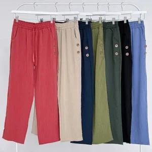 고품질 단추 포인트 밴딩 와이드 팬츠 여름 롱바지 내추럴 여름바지 허리밴딩 끈조절 얇은 (WFJG4ON)