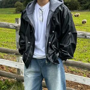 [이룰]LR 오버핏 후드탈부착 레이어드 가죽 레더 자켓