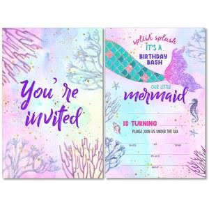 바다 속의 귀여운 소이큐 인어공주 생일 파티 초대장과 봉투 세트 20개의 보라색 핑크 소녀 초대장