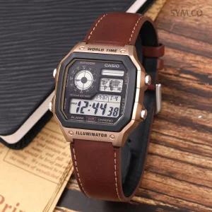 카시오 AE-1200WHL-5A 레트로 사각 골드 브라운 캐쥬얼 남자 가죽 시계 c