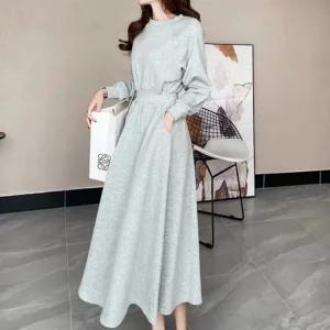맨투맨 허리 밴딩 롱 원피스 라운드넥 긴팔 봄 가을 체형커버 캐주얼 데일리룩