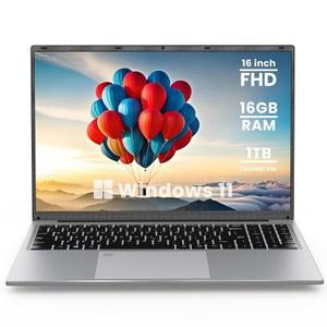 BIGASUO 16인치 노트북 컴퓨터, 16GB DDR4 RAM 1TB SSD, 쿼드코어 N100 프로세서 최대 3.4GHz, 1200P FHD IPS 디스플레이, USB 3.0, Type-C, Mini-HDMI, 2.4/5G WiFi, RJ45, Sliver가 탑재된 Windows 11 노트북