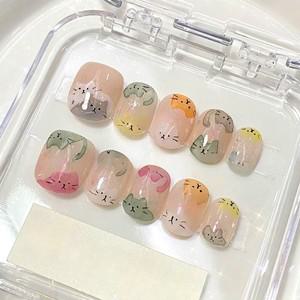 10개입 낙서 고양이 네일팁 짧은 팁 프레스온 숏 소프트 젤 인조손톱 반 수제네일 y2k