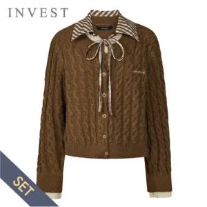 [인베스트] 꽈배기 배색 가디건+체크 카라 세트_IN5W1KC4581