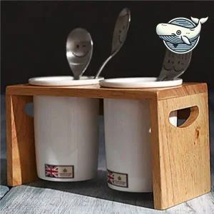 [콩심팥심]깔끔한 배수구멍 도자기 수저통 2P 원목 수저함 원목거치대 숟가락