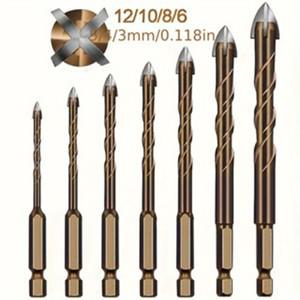 7pcs 구리 4 블레이드 크로스 텅스텐 강철 드릴 비트 안티 슬립 육각 핸들 가정용 다기능