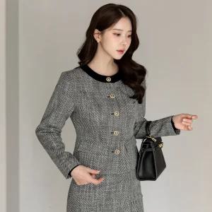 [시크라인] (~XXL까지) 베레온 라운드넥 배색 트위드 자켓 겨울 하객룩 오피스룩 모임룩 격식룩 연말룩 빅사이즈