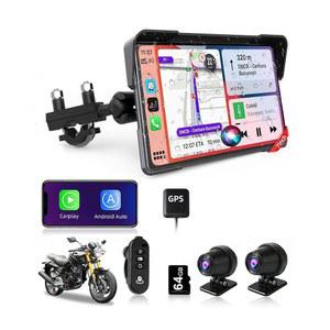 2025 모터사이클 카플레이 화면 7인치 4K+1080P 대시캠 전면 및 후면 안드로이드 오토 무선 카프 레이 듀얼 카메라 GPS 내비게이션 터치스크린 유선 컨트롤러 블루투스 TF-64G
