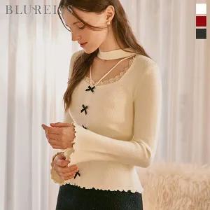 [블루레이스]초커넥 리본 포인트 물결 니트_BI5W3KT2291