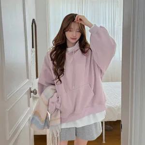 [빅사이즈]이블렛 유프렌 밍크 기모 베이직 후드 맨투맨 제이스타일