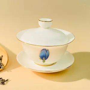 백자 파랑꽃 개완 개완 개합잔 찻잔/다기잔/다도잔/다도/다기/도자기잔/차잔/다도컵/뚜껑/중국/특이한/개합