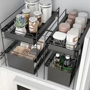 철재 슬라이딩 선반 2단 양념 하부장 싱크대 수납 선반 주방 서랍장 화이트 다용도 수납함 보관함 정리함