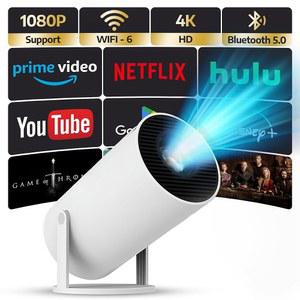 업그레이드된 프로젝터와 WiFi 6 및 Bluetooth 미니 휴대용 스마트 비디오 극장 4K HD 1080P 야외 스크린 영화 홈 TV 안드로이드 모니터 PC 게임 180 회전 가능 노트북 태블릿 컴퓨터와 호환됨