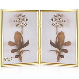 결혼식 크리스마스를 위한 벨벳 백킹 홈 오피스 데스크톱 장식 고급스러운 선물(5 x 7 인치, 골드)을 포함한 신터프 힌지 이중 플로팅 프레임 접이식 금속 액자 얇은 가장자리 사진