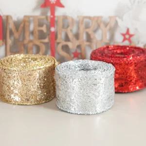 크리스마스 반짝이 망사 리본 땡땡이 7cm (10yd) 3컬러 롤 와이어 선물 포장 끈 공예 재료 DIY 트리