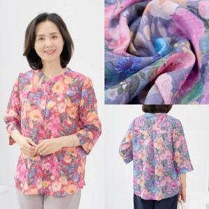 마미소 로사 오픈 블라우스 쉬폰 면 차이나넥 플라워 고급 엄마 할머니 빅사이즈 40 60 마담 중년 여성 옷