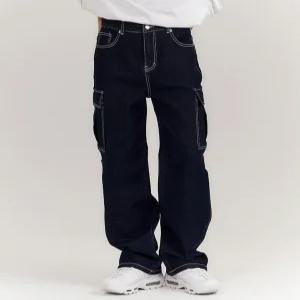 [무료배송] 1컬러인디고 와이드 카고 카펜더 데님팬츠