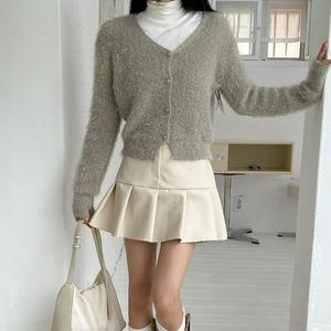 여자 FW V넥 부드러운 탱크 앙고라 가디건