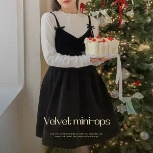 핫핑 [연말룩][러블리] 딜라잇 벨벳 리본 뷔스티에 미니원피스