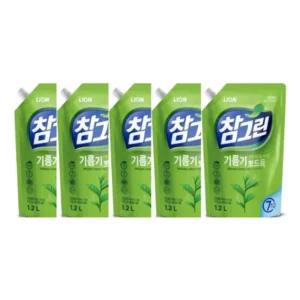 참그린 기름기 뽀드득 1.2L 리필 5개입 라이온코리아/주방/세제/세정제/가정용/퐁퐁/설거지/부엌용/식당용
