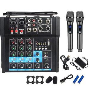 250W 파워 앰프 오디오 믹서, 듀얼 무선 마이크가 장착된 4채널 프로페셔널 사운드 보드 콘솔 MP3 48V 팬텀 USB 인터페이스 DJ 홈 노래방 파티 컴퓨터 스튜디오용