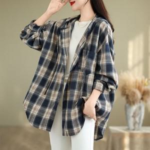은창]루즈 후드 체크 스트링 남방 셔츠 아우터 상의 가을 여성 블라우스 겨울 보온 사무실 실내