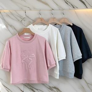 [다잇템] 여성 절개라인 세미크롭 리본 반소매 맨투맨