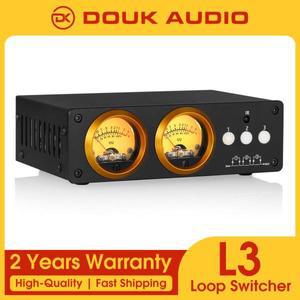 Douk Audio L3 3 채널 루프 스위처 박스, IR 리모컨 포함, 듀얼 VU 계량기 디스플레이, 스테레오 스플리터,