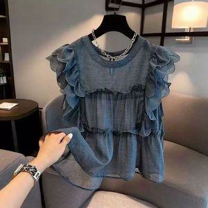 플리츠상의 블라우스 쉬폰 빅사이즈 블랙 셔츠 프릴 반팔