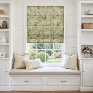 TWOPAGE 무선 빈티지 플로럴 프린트 로만 쉐이드 창문용 리넨 텍스처 로마 블라인드, 맞춤 제작 방 다크닝 조명 필터링 창문 세탁 가능, 리넨, 1피스