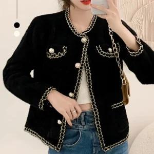 여성 배색 트위드자켓 라운드넥 하객룩 출근룩 니트 가디건