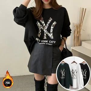 기모NY호피 맨투맨 긴팔 BOX 여성 오버핏 티셔츠 (3컬러) 박시핏 빅사이즈 맨투맨