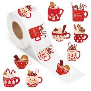 500개 크리스마스 핫 코코아 스티커 롤 초콜릿 캔디 진저브레드 커피 컵 겨울 파티 용품 장식용 셀프 접착 방수 스크랩북 학교 DIY 공예 데칼