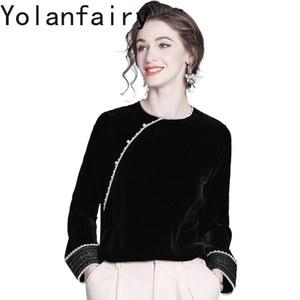 YOLANFAIRY 실크 벨벳 블라우스 여성용 2025 가을 빈티지 우아한 블랙