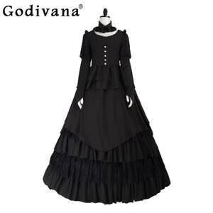 빈티지 고딕 블랙 코트 프린세스 큰 사이즈 레이스 케이크 드레스 소녀 하이 웨이스트 긴 소매 크루넥 화려한 이브닝