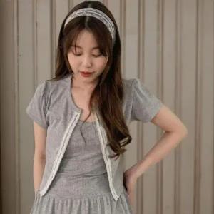 [하프클럽/]여성 프릴 레이스 반팔 가디건과 골지 나시 세트