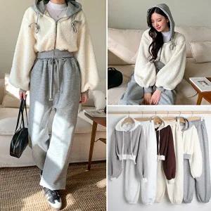 여성 뽀글이 크롭 후드집업 기모 조거팬츠 세트 SPST0326 겨울