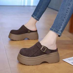 여성 키높이 통굽 앞막힌 슬리퍼 가을 겨울 버클 스트랩 브라운 뮬