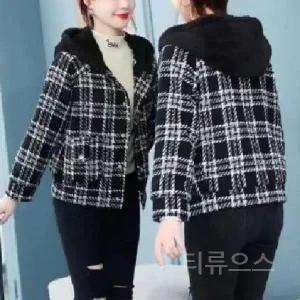 티류으스 여성 겨울 숏패딩 코트 기모 안감 후드 체크무늬 숏자켓 WX