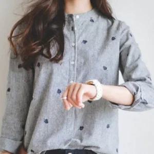 여성 면 셔츠 데일리 스트라이프 헨리넥 여성 긴 팔 셔츠 가을