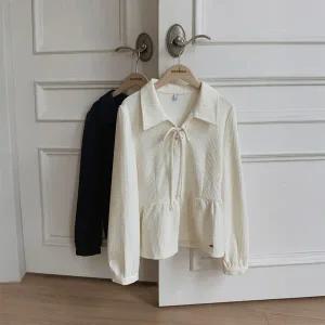 핫핑 [뱃살커버룩] 라부니 셔링퍼프 카라넥 스트링 니트지 플레어 긴팔 블라우스