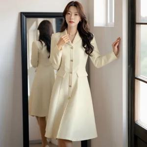 [시크라인] (~XXL까지) 플레카오 골드버튼 트위드 원피스 겨울 A라인 하객룩 오피스룩 모임룩 격식룩 연말룩 빅사이즈