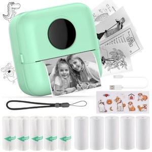 후이주케지 미니 스티커 프린터 포켓 잉크 없는 열 프린터, iOS & Android용 11롤 종이 및 스티커, 사진 저널 노트용 블루투스 스마트 휴대용 영수증 메모-그린