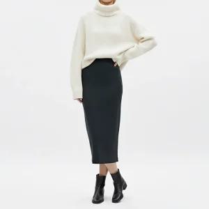 여성 허리밴딩 H라인 뒷트임 골지 롱 스커트 PIC-WSK-20876-차콜