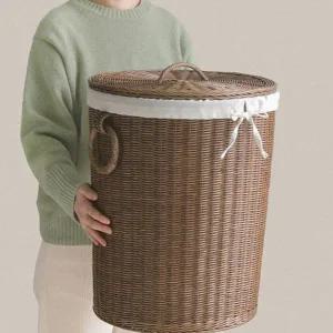 핸드메이드 세탁 함 등나무 뚜껑 원형 라탄 세탁 바구니 수납 인테리어 뚜껑형 주머니 다용도 특대형